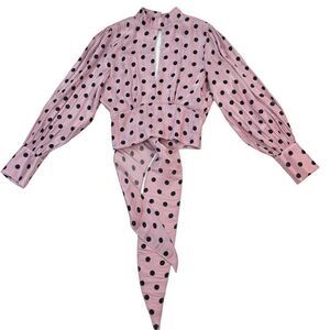 Pre-Loved Deco Lux Open Back Blouse Long Sleeve Crop Top Purple Black Dots US S